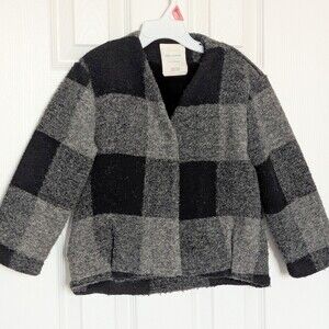 Zara Kids (Size 6) Black & Gray Checkered Wool Blend Jacket w/Faux-Fur Lining